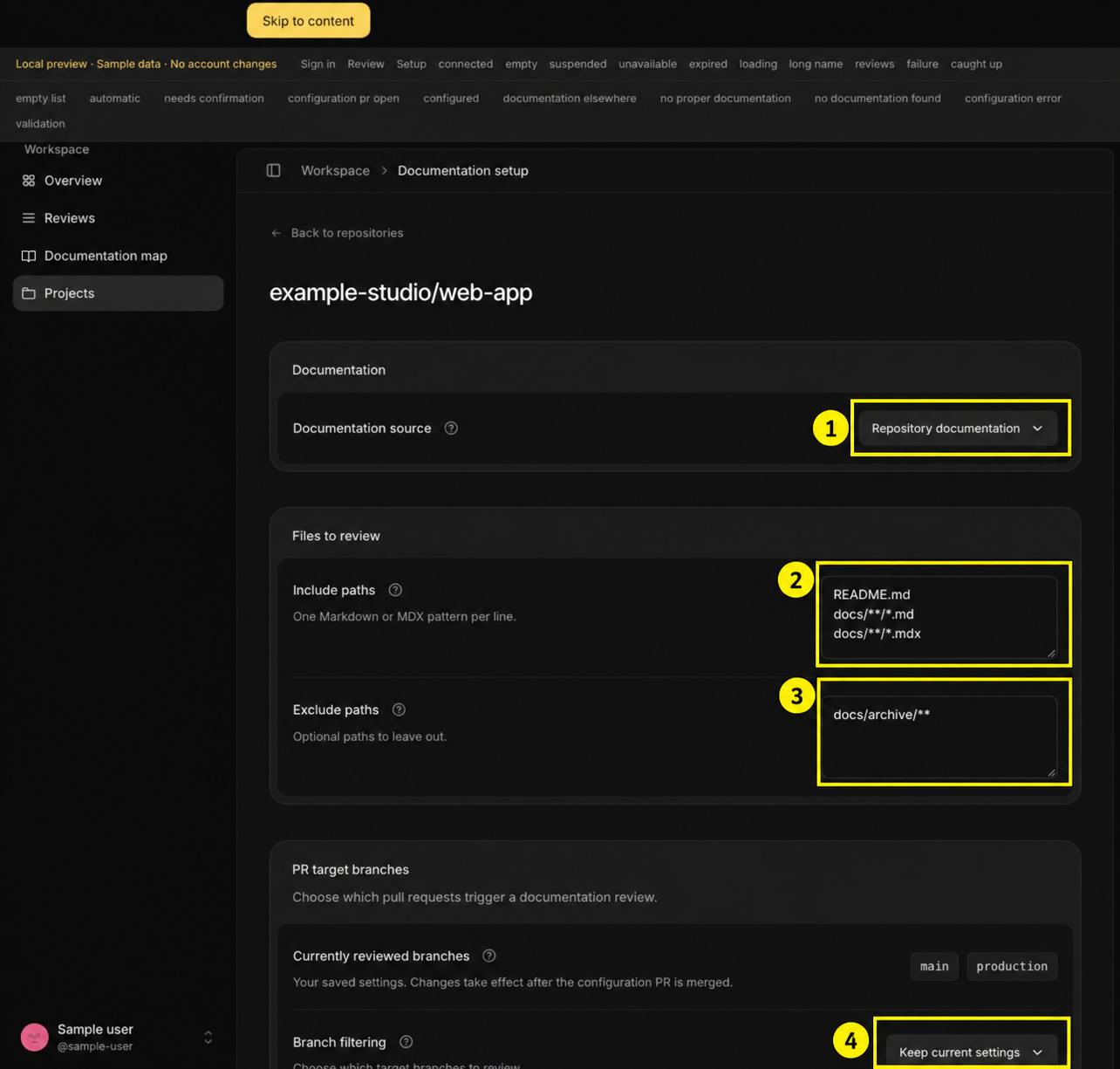 Documentation settings with numbered yellow outlines: 1 Repository documentation, 2 Include paths, 3 Exclude paths, and 4 Branch filtering.
